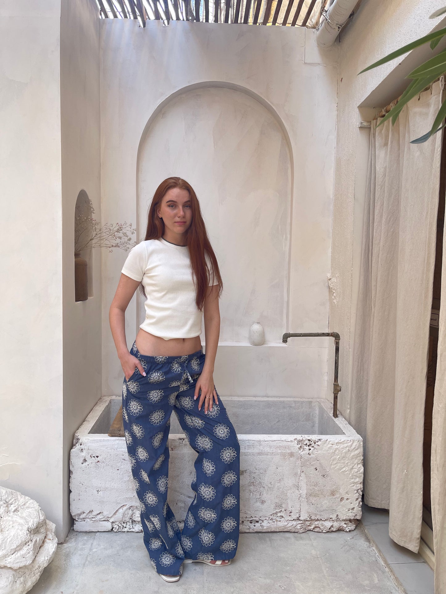 Indigo Bloom Wide-Leg Pants