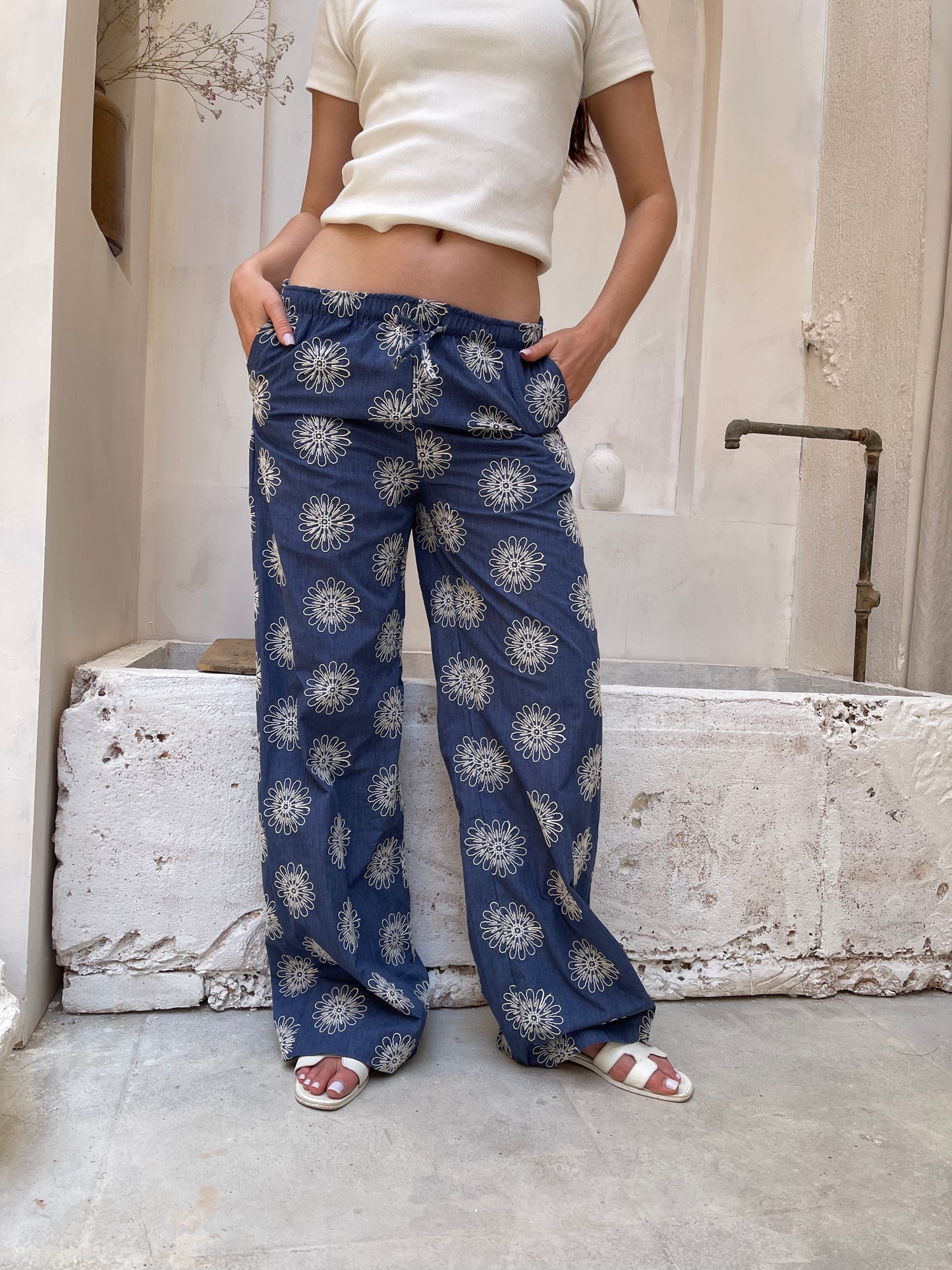 Indigo Bloom Wide-Leg Pants