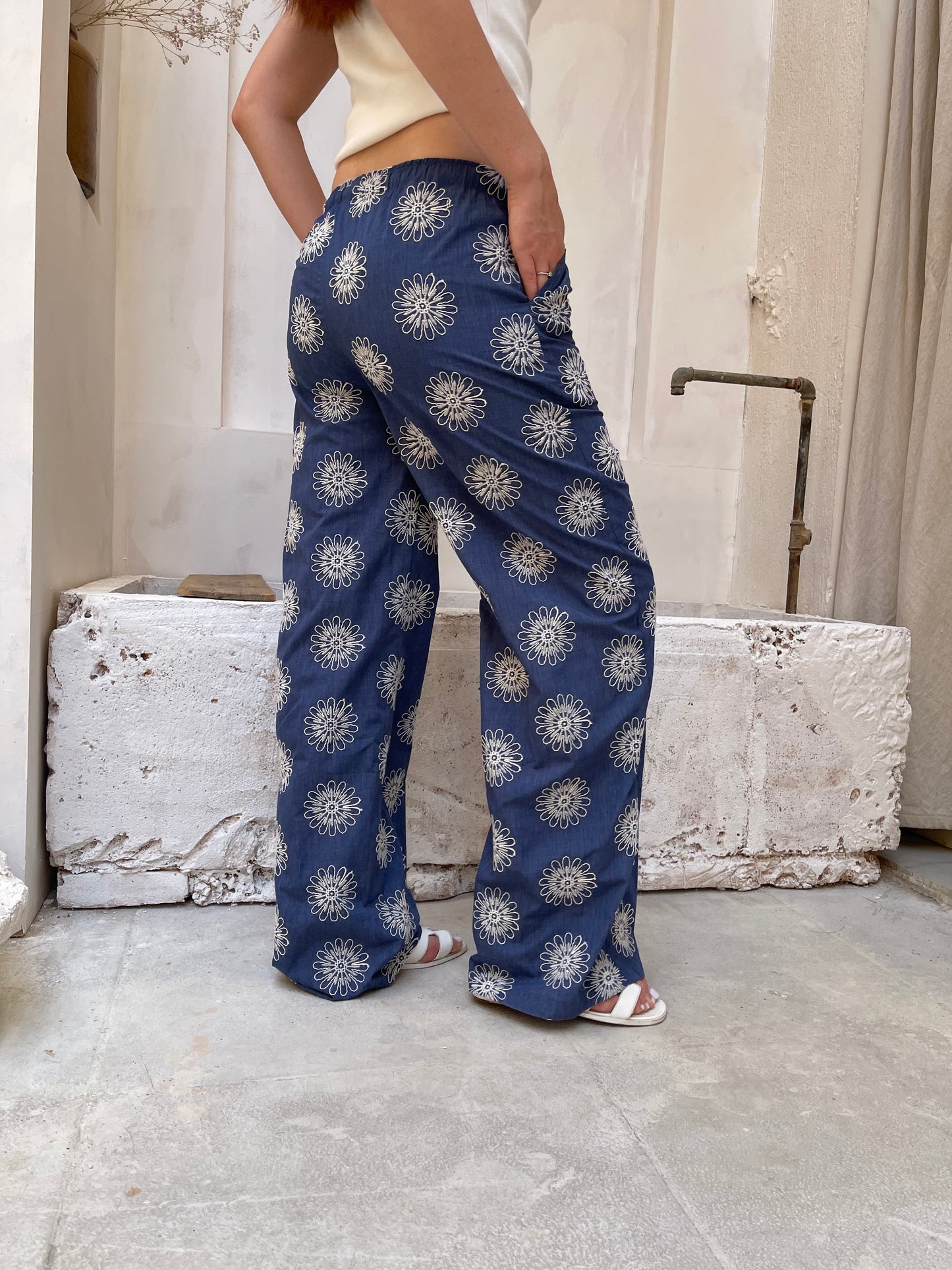 Indigo Bloom Wide-Leg Pants