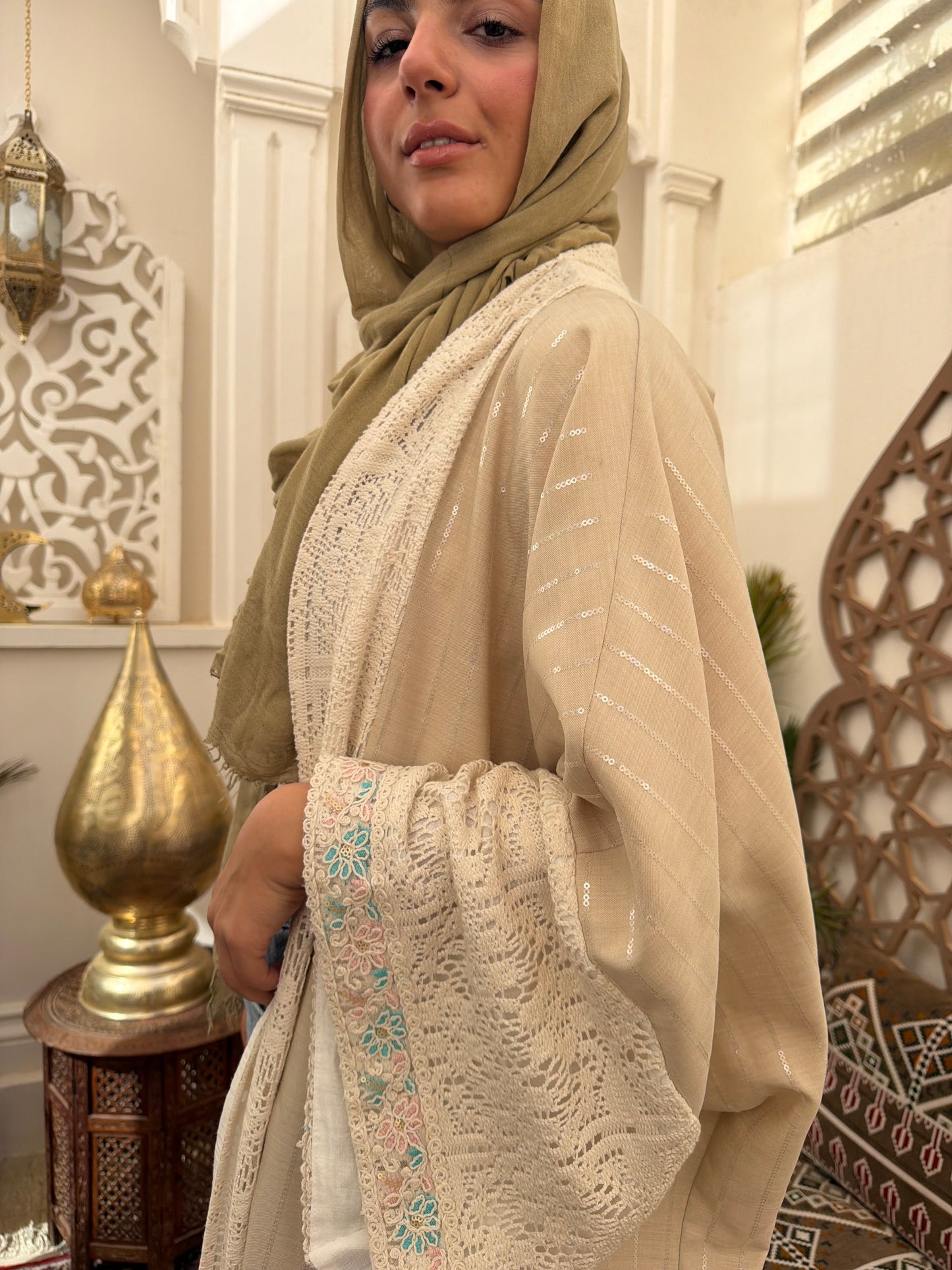 Lace Trim Open Abaya