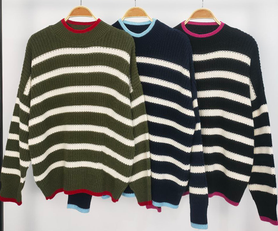 High Neck Striped Knit Sweater