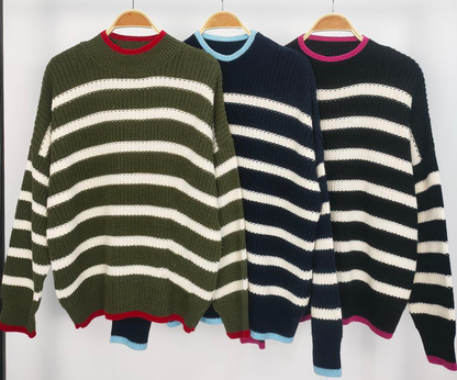High Neck Striped Knit Sweater