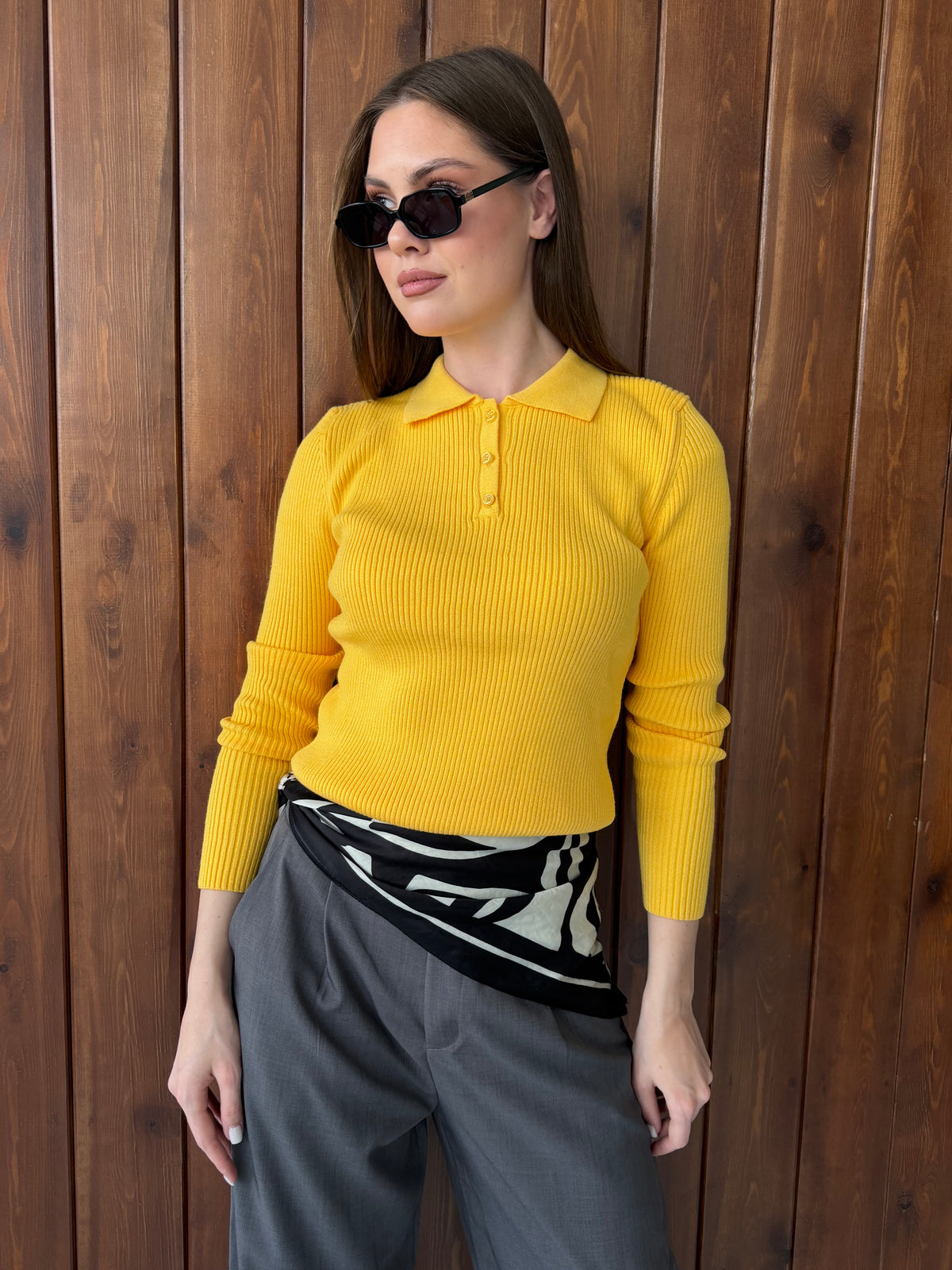 Ribbed Knit Polo Top