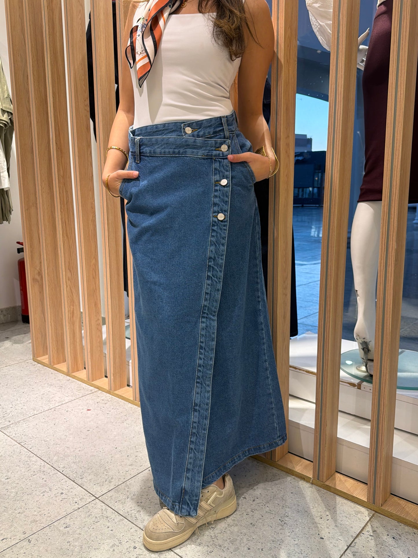 Buttoned Denim Midi Skirt