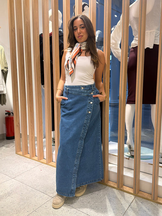 Buttoned Denim Midi Skirt