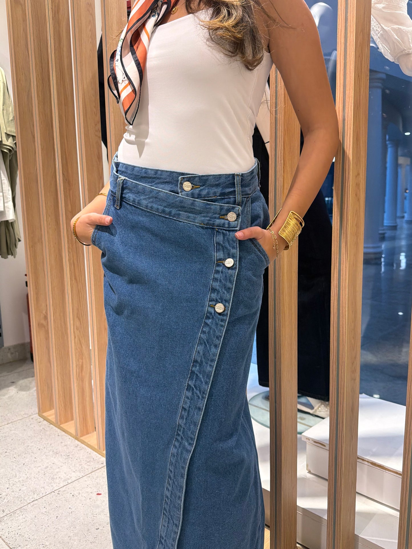 Buttoned Denim Midi Skirt