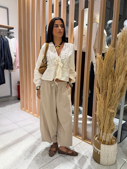 Embroidered Tie-Front Blouse