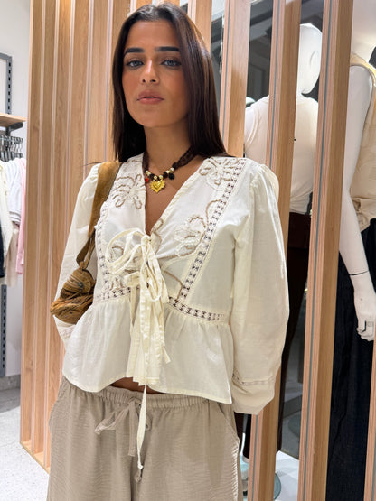 Embroidered Tie-Front Blouse