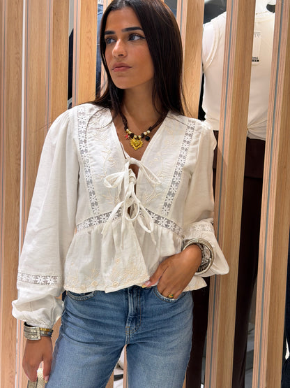 Embroidered Tie Blouse