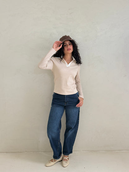 Contrast Collar Ribbed Top