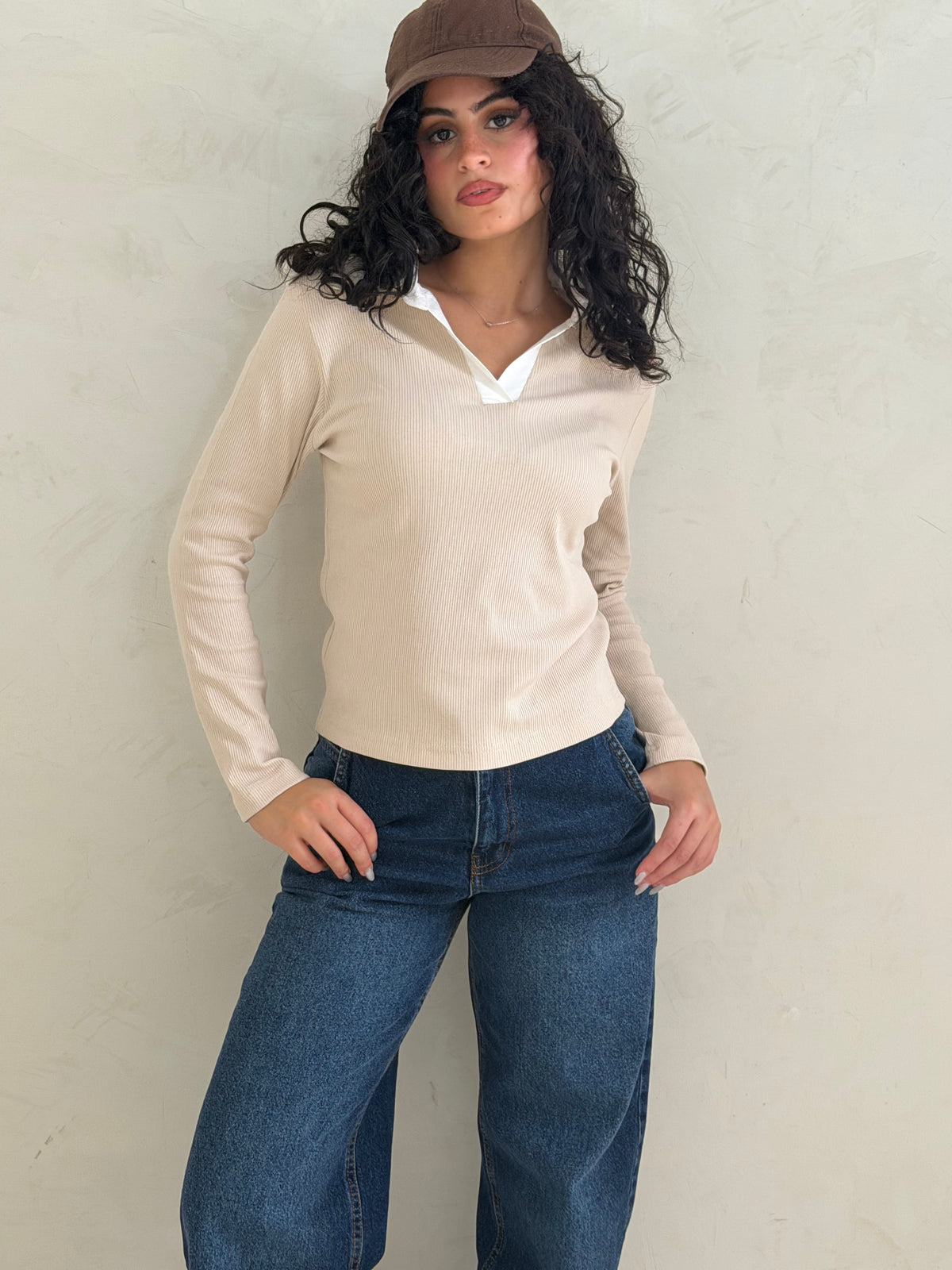 Contrast Collar Ribbed Top
