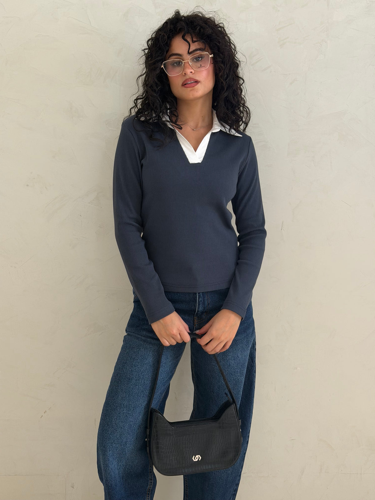 Contrast Collar Ribbed Top