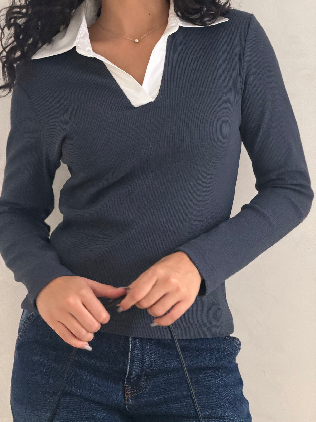 Contrast Collar Ribbed Top