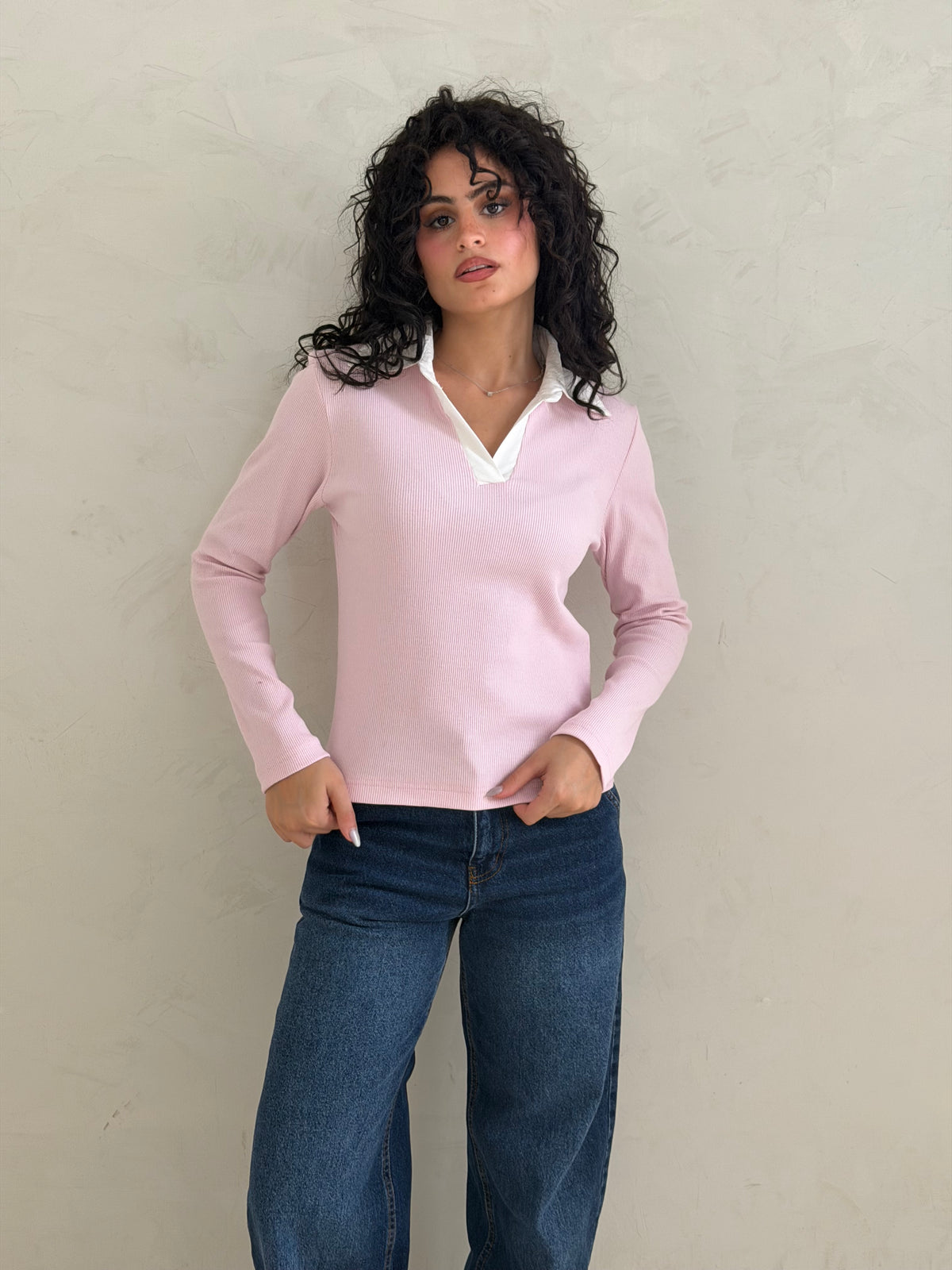 Contrast Collar Ribbed Top