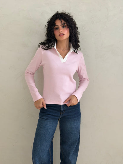 Contrast Collar Ribbed Top
