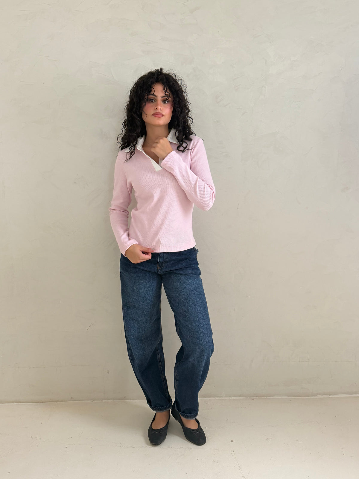 Contrast Collar Ribbed Top