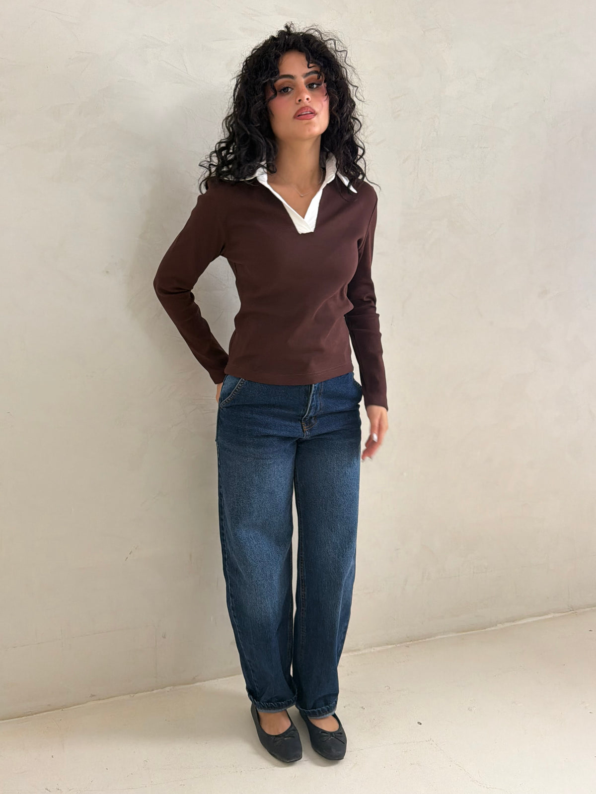 Contrast Collar Ribbed Top