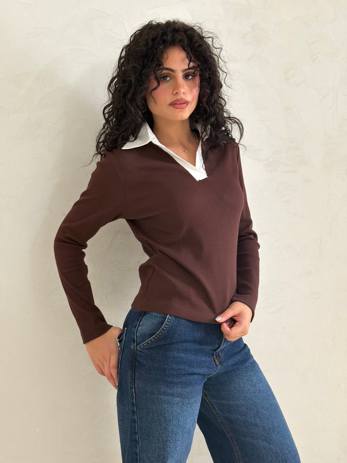 Contrast Collar Ribbed Top