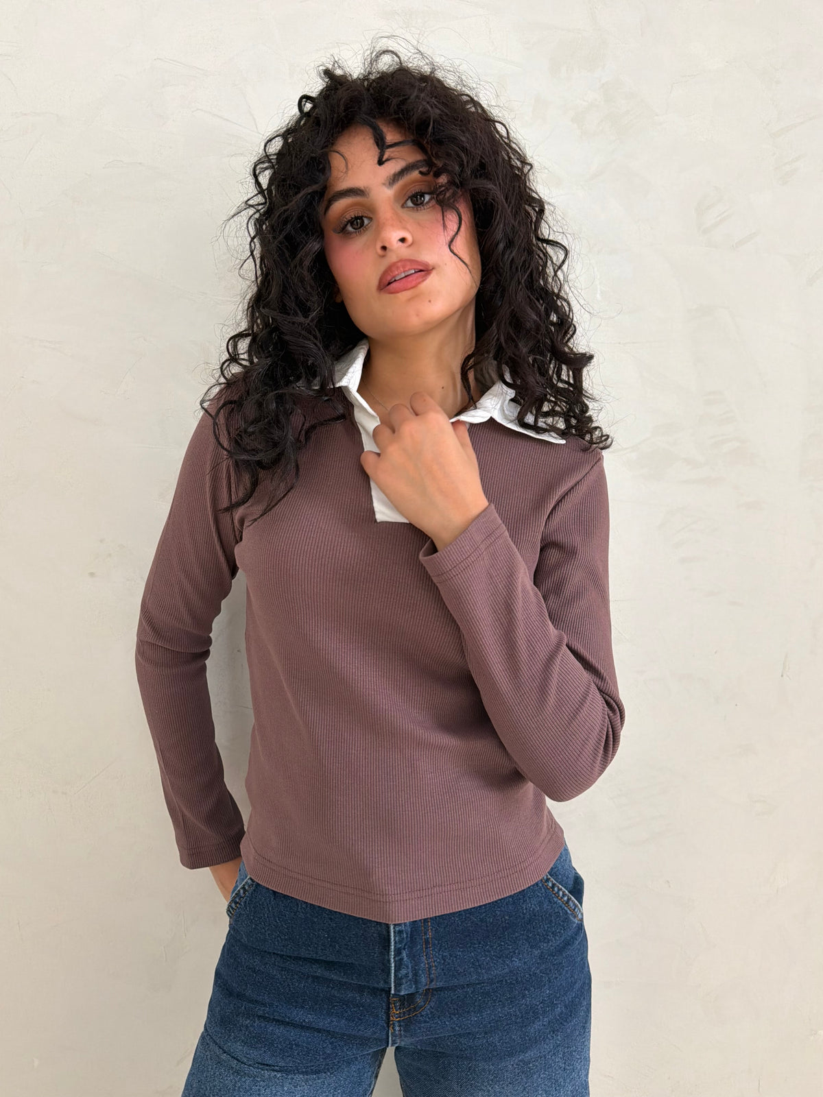 Contrast Collar Ribbed Top