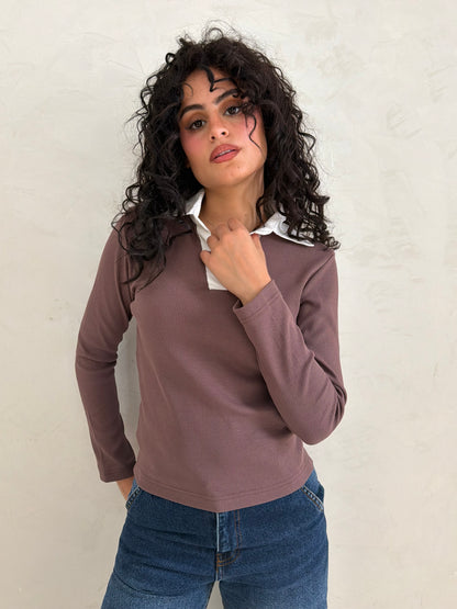 Contrast Collar Ribbed Top