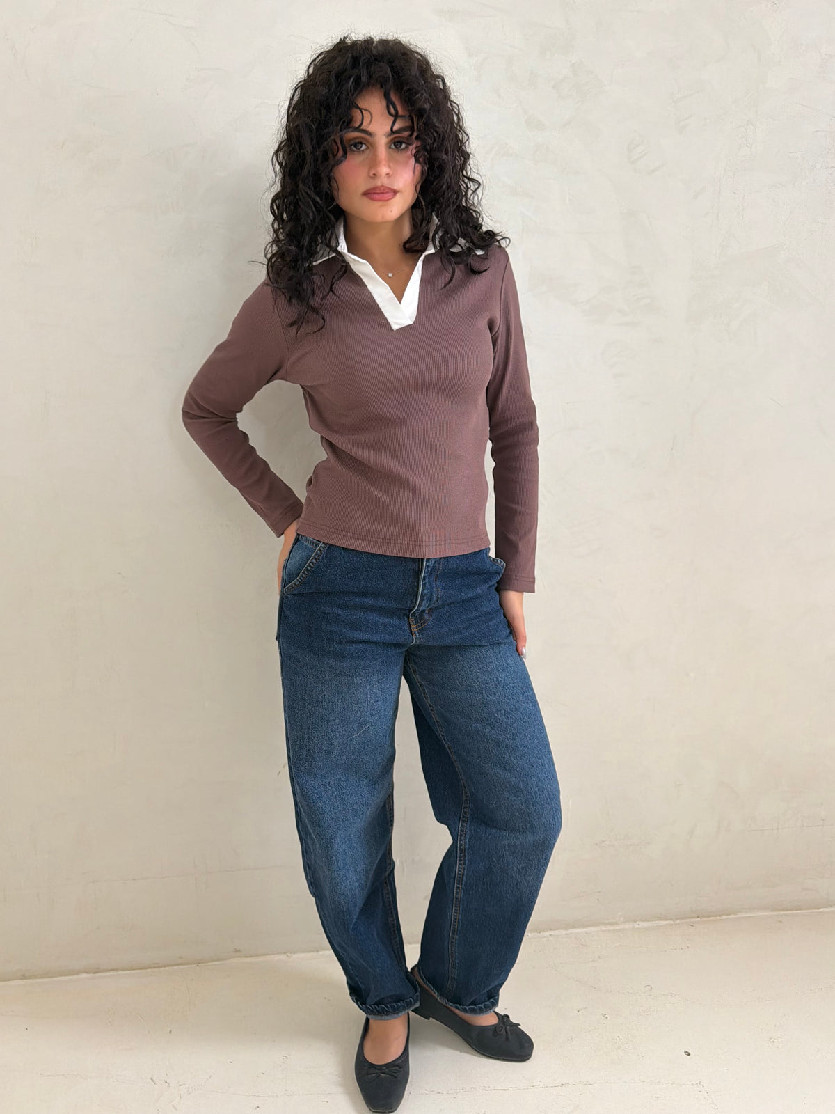 Contrast Collar Ribbed Top
