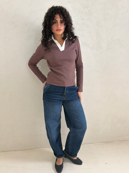 Contrast Collar Ribbed Top