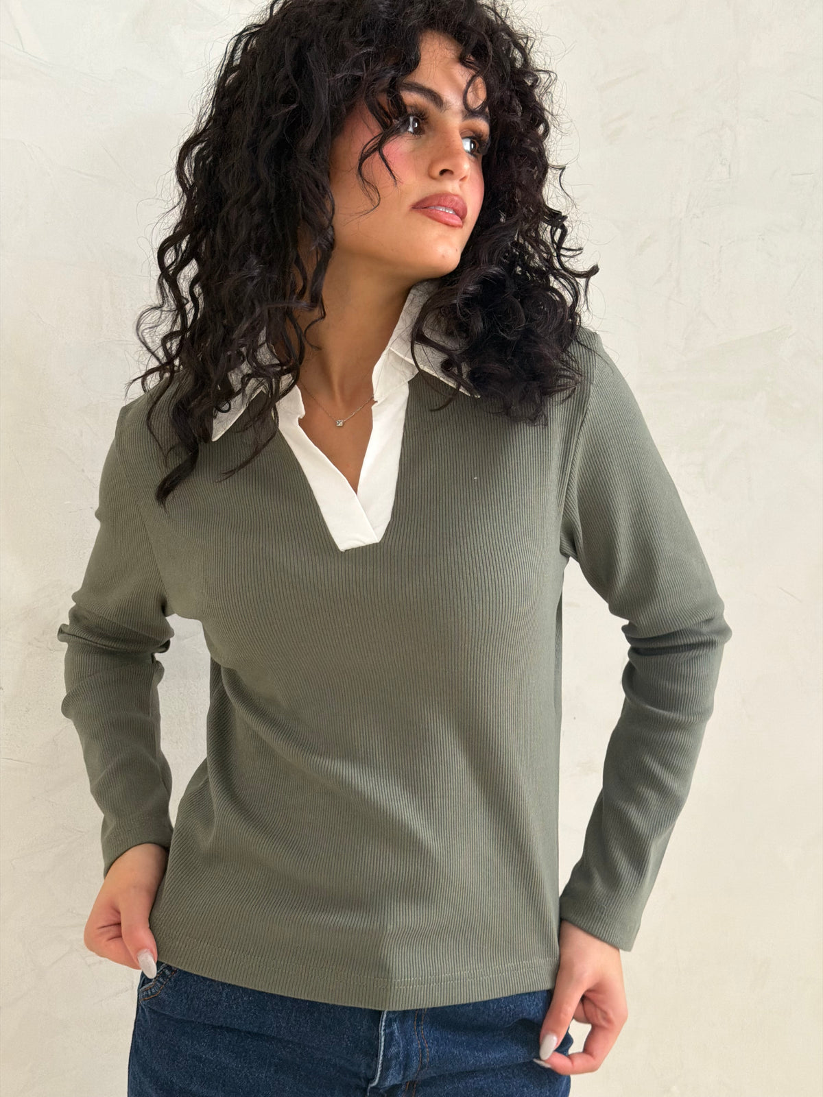 Contrast Collar Ribbed Top