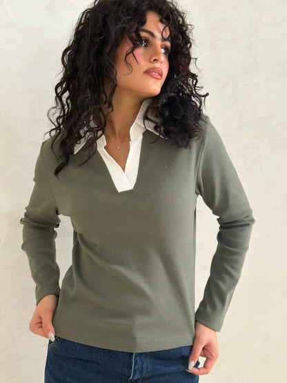 Contrast Collar Ribbed Top