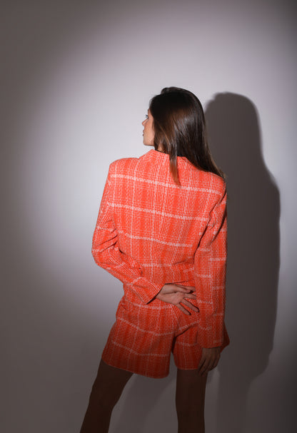 Orange Plaid Pattern Textured cropped Blazer