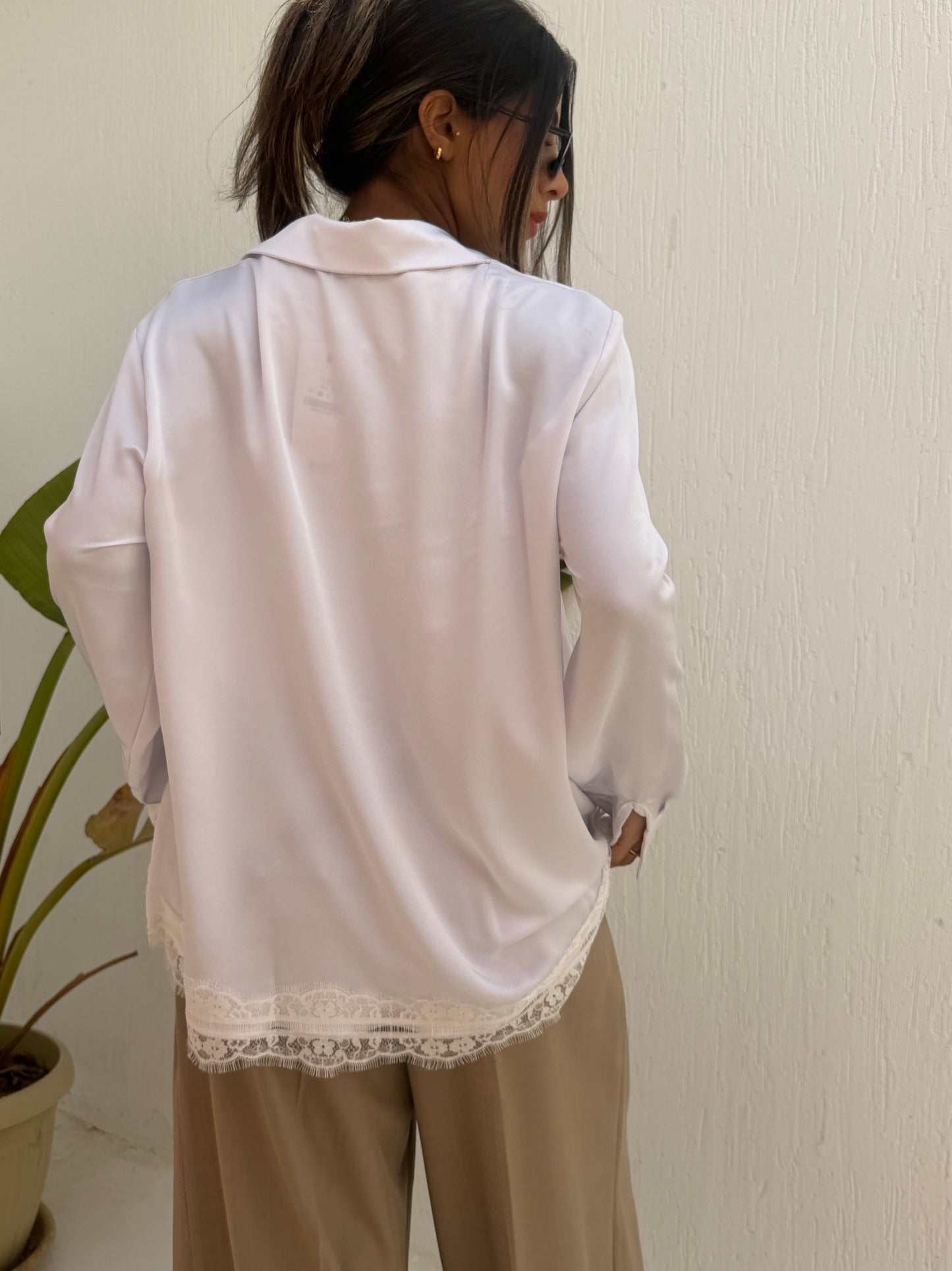 Lace Trim Satin Shirt
