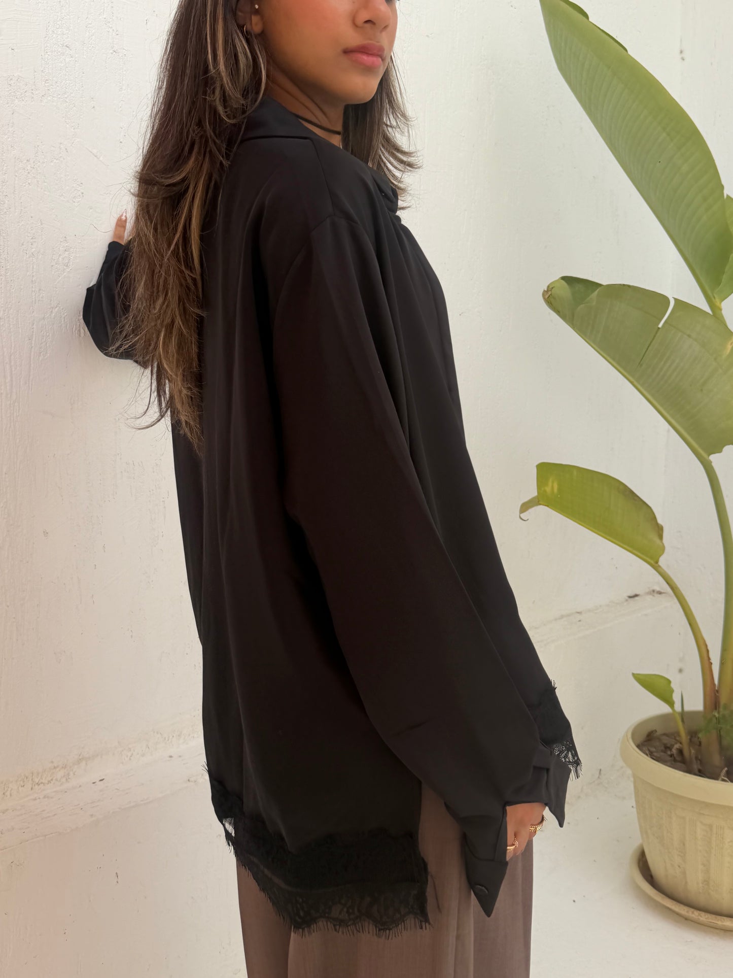 Lace Trim Satin Shirt