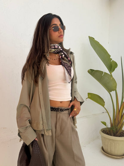 Lace Trim Satin Shirt