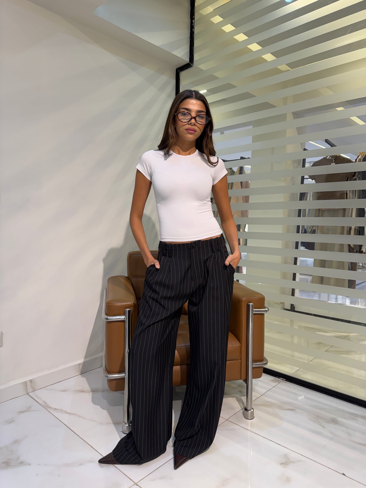 Classic Pinstripe Wide-Leg Pants