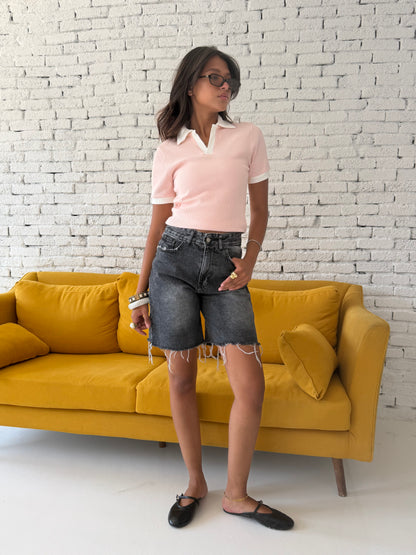 Ribbed Contrast Trim Polo Top