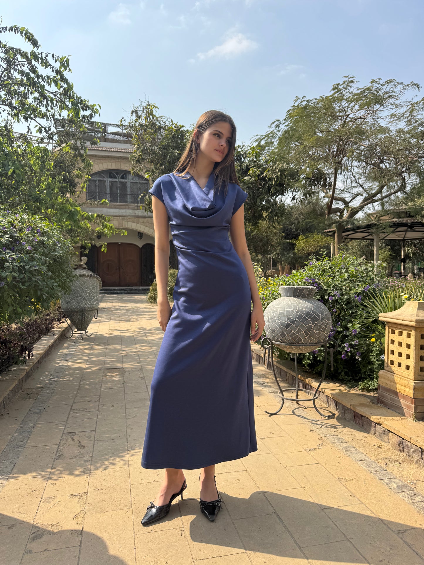 Draped Neck Midi Dress