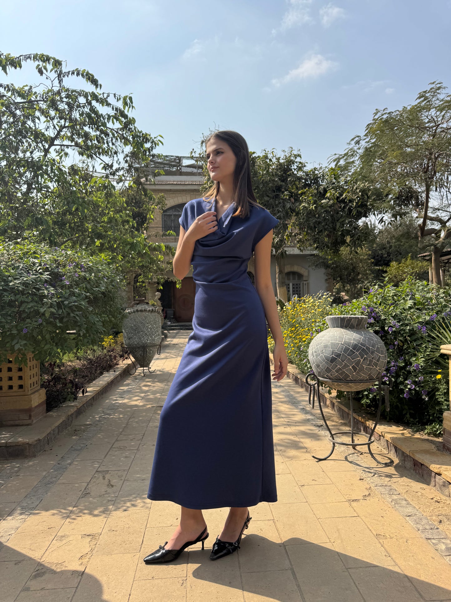 Draped Neck Midi Dress