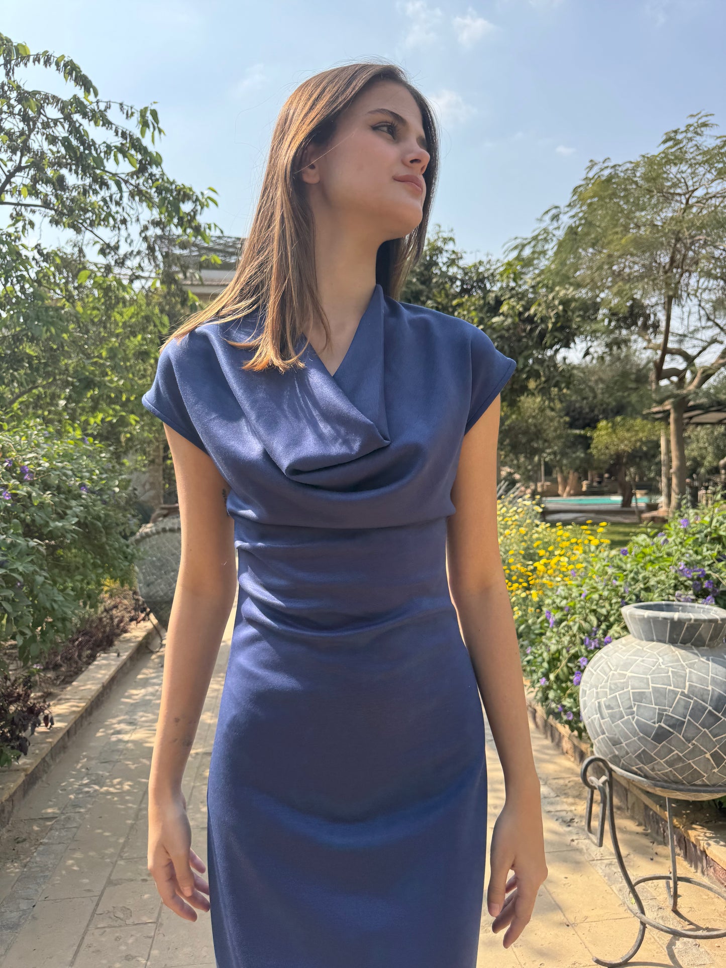 Draped Neck Midi Dress