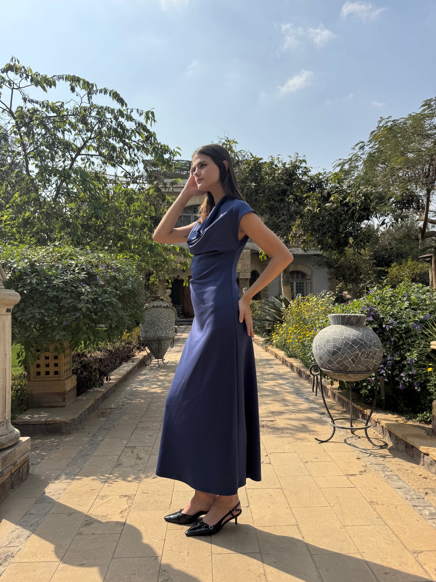 Draped Neck Midi Dress