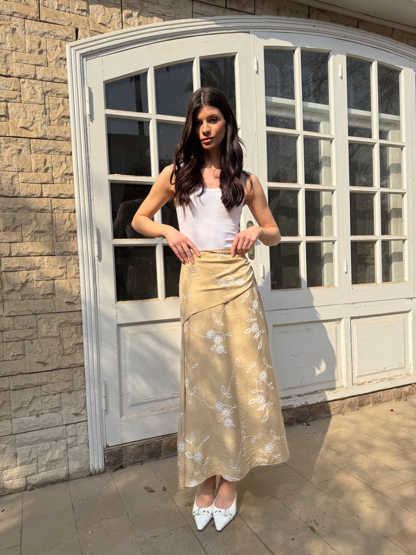 Embroidered Flow Midi Skirt