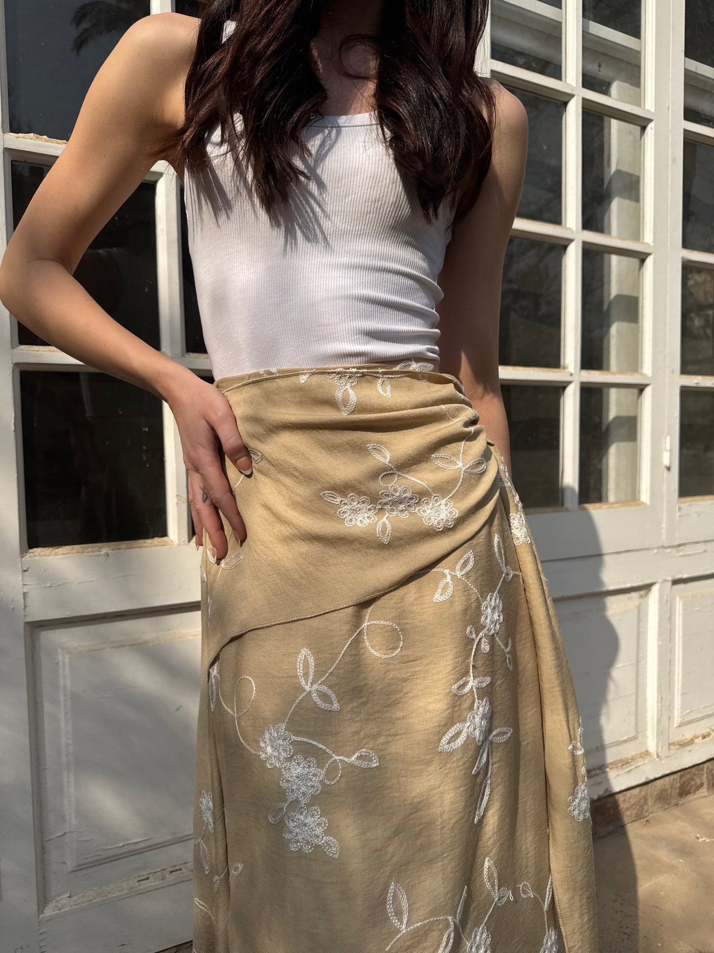 Embroidered Flow Midi Skirt