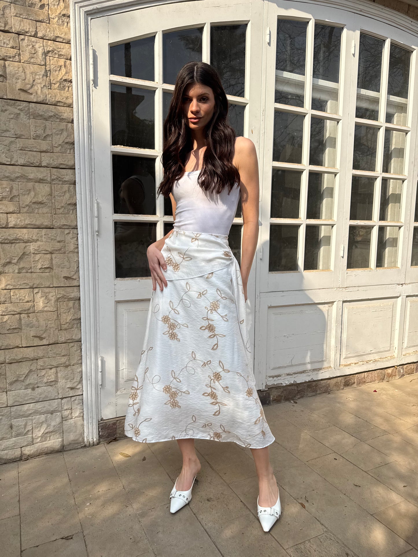 Embroidered Flow Midi Skirt