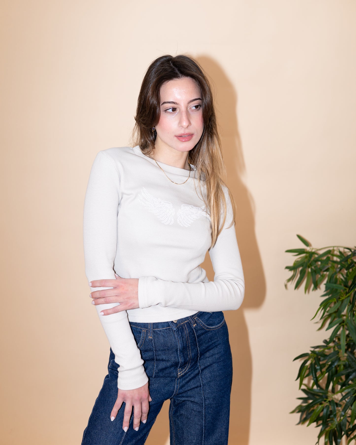 Wings Rhinestone Ribbed Top