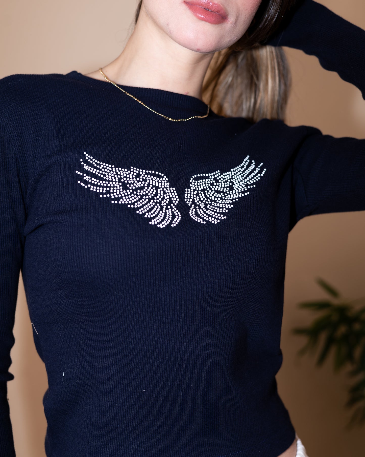 Wings Rhinestone Ribbed Top