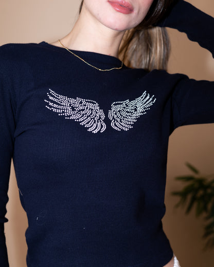 Wings Rhinestone Ribbed Top