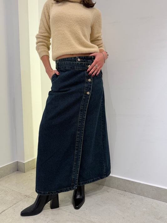 Buttoned Denim Midi Skirt